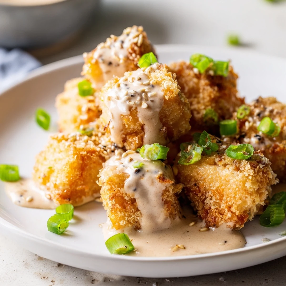 Tender fried salmon cubes tossed in Bang Bang sauce served on white platter with scallion garnish