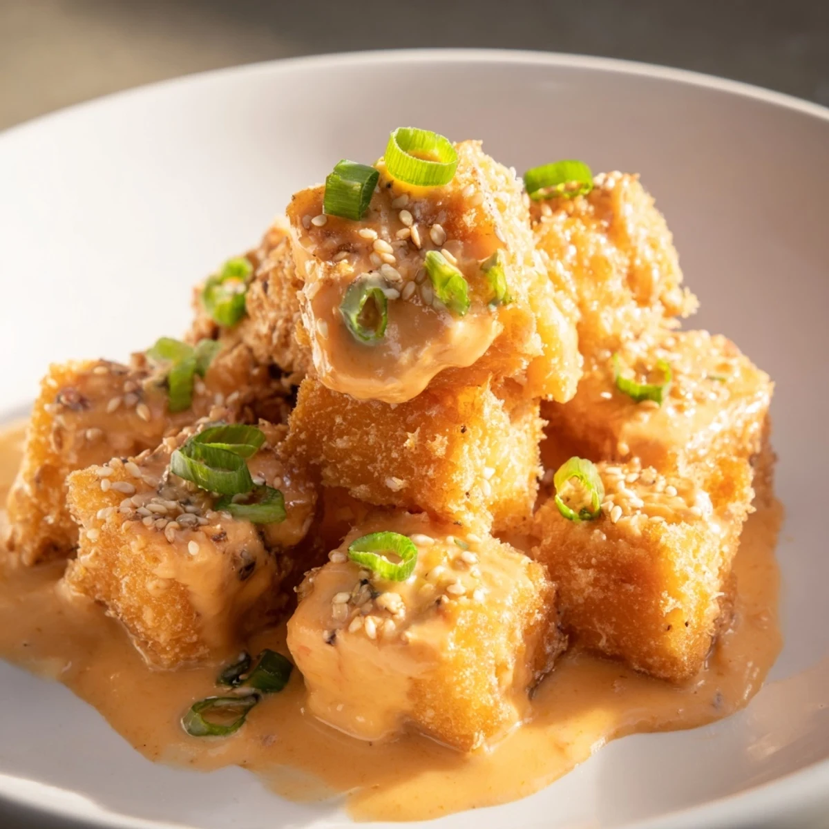 Plate of Bang Bang salmon bites appetizer drizzled with sweet chili sauce and sprinkled with sesame seeds