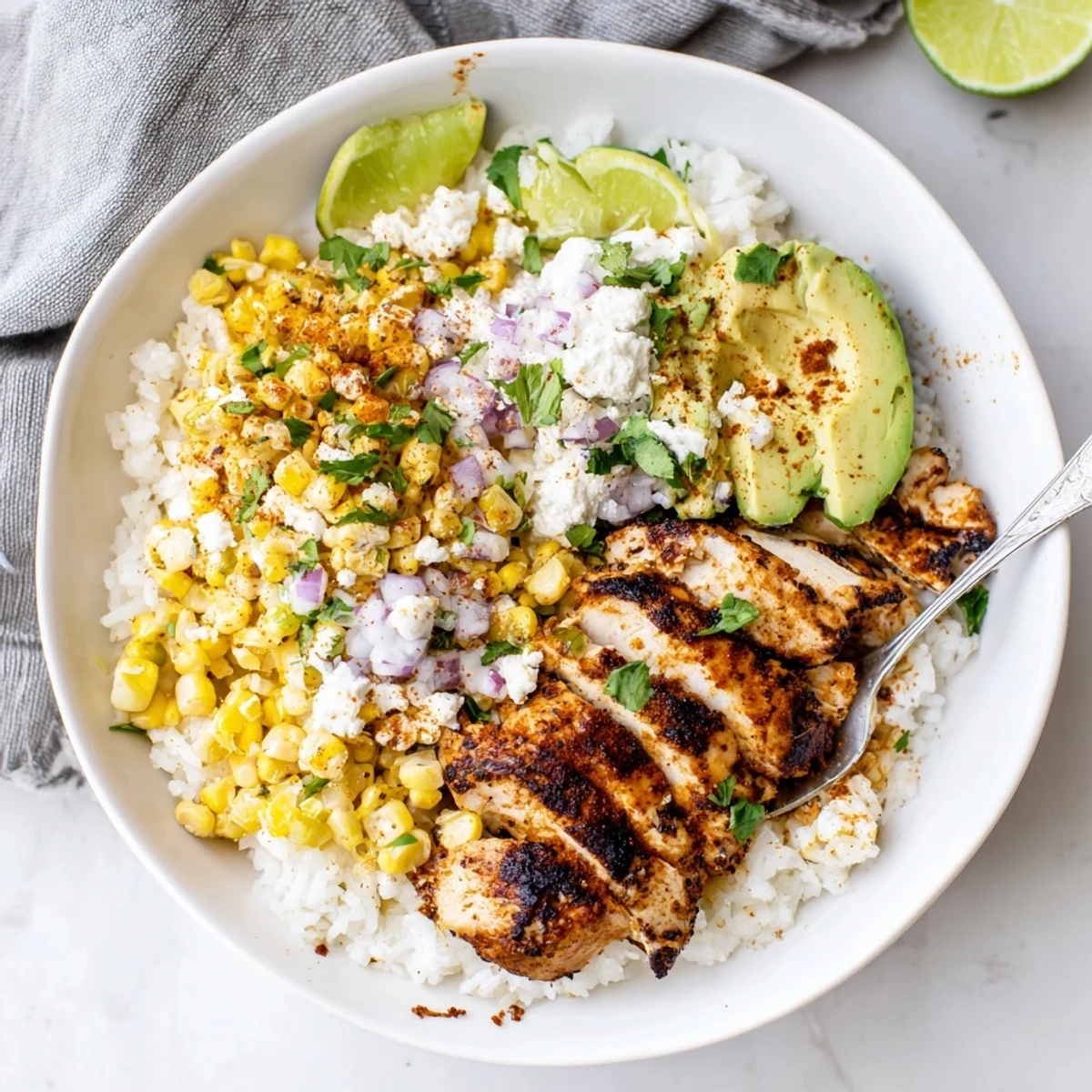 Colorful street corn chicken rice bowl layered with grilled chicken, creamy corn, sliced avocado, and fresh cilantro garnish