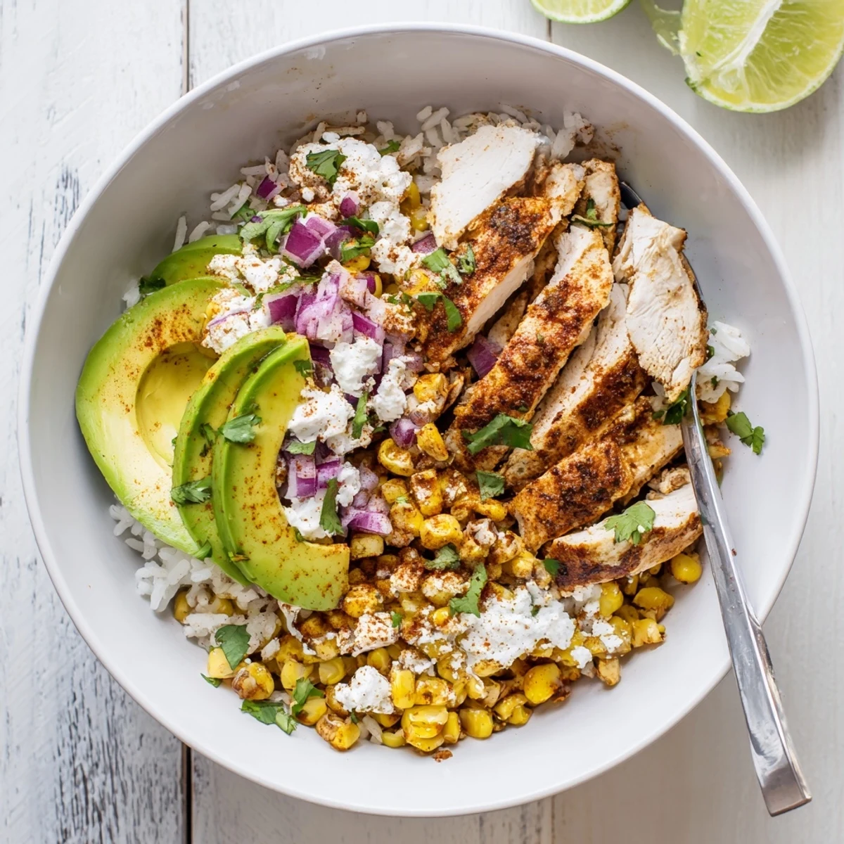 Hearty street corn chicken rice bowl topped with crumbly cotija cheese, diced red onion, and buttery avocado slices