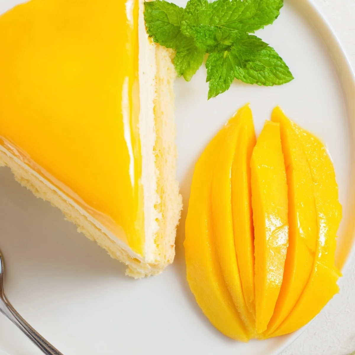 Golden mango mousse cake with glossy glaze and fresh mango slice garnish on white plate