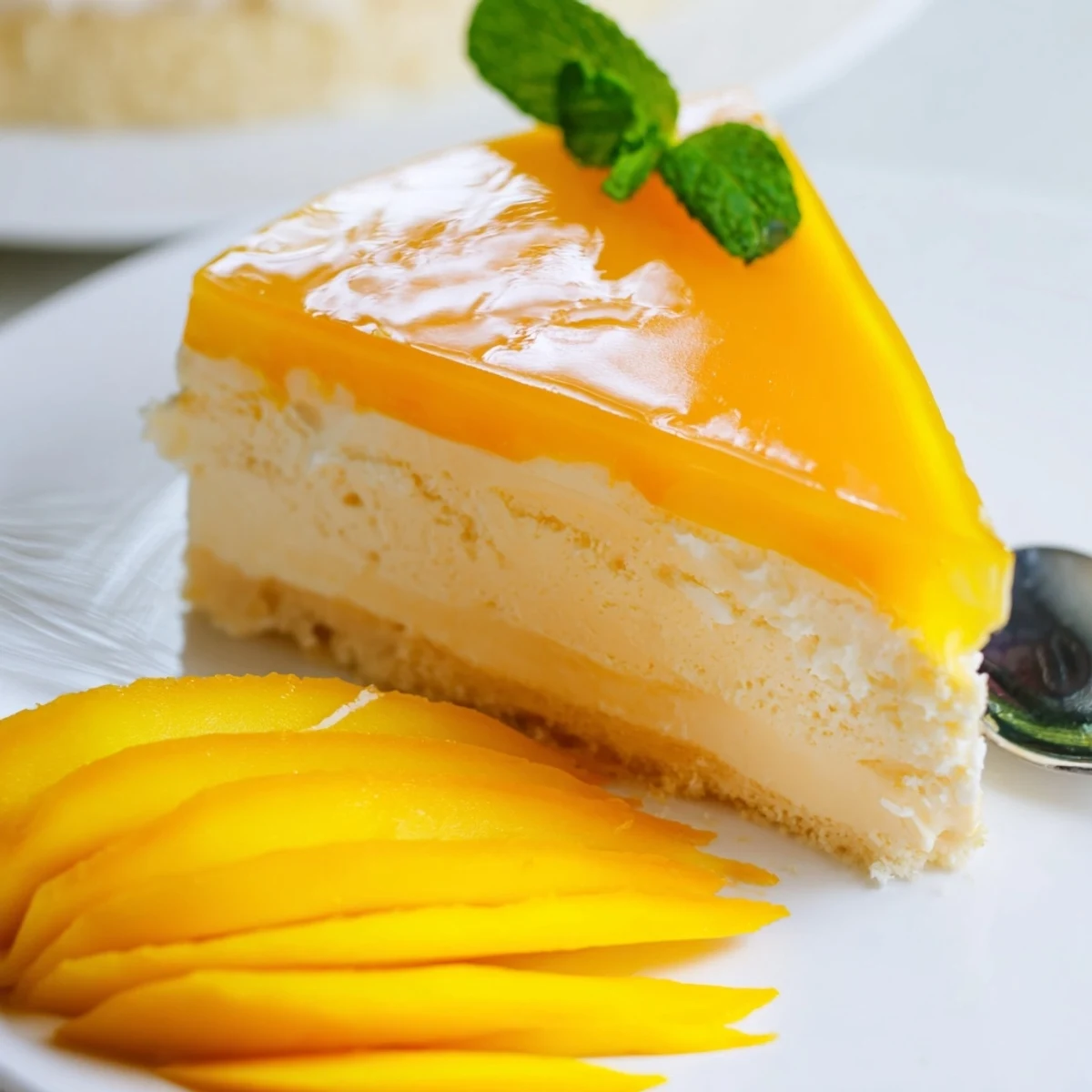 Luscious mango mousse cake layered over tender sponge topped with shimmering glaze