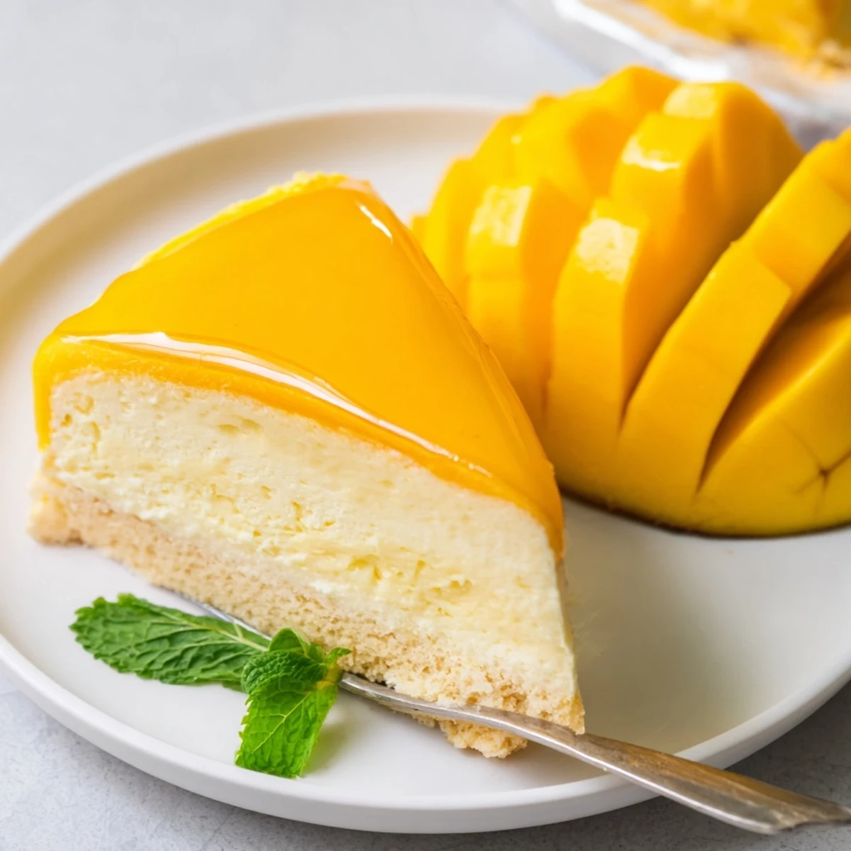Summer dessert showcasing fluffy mango mousse cake with glossy finish and mint accents