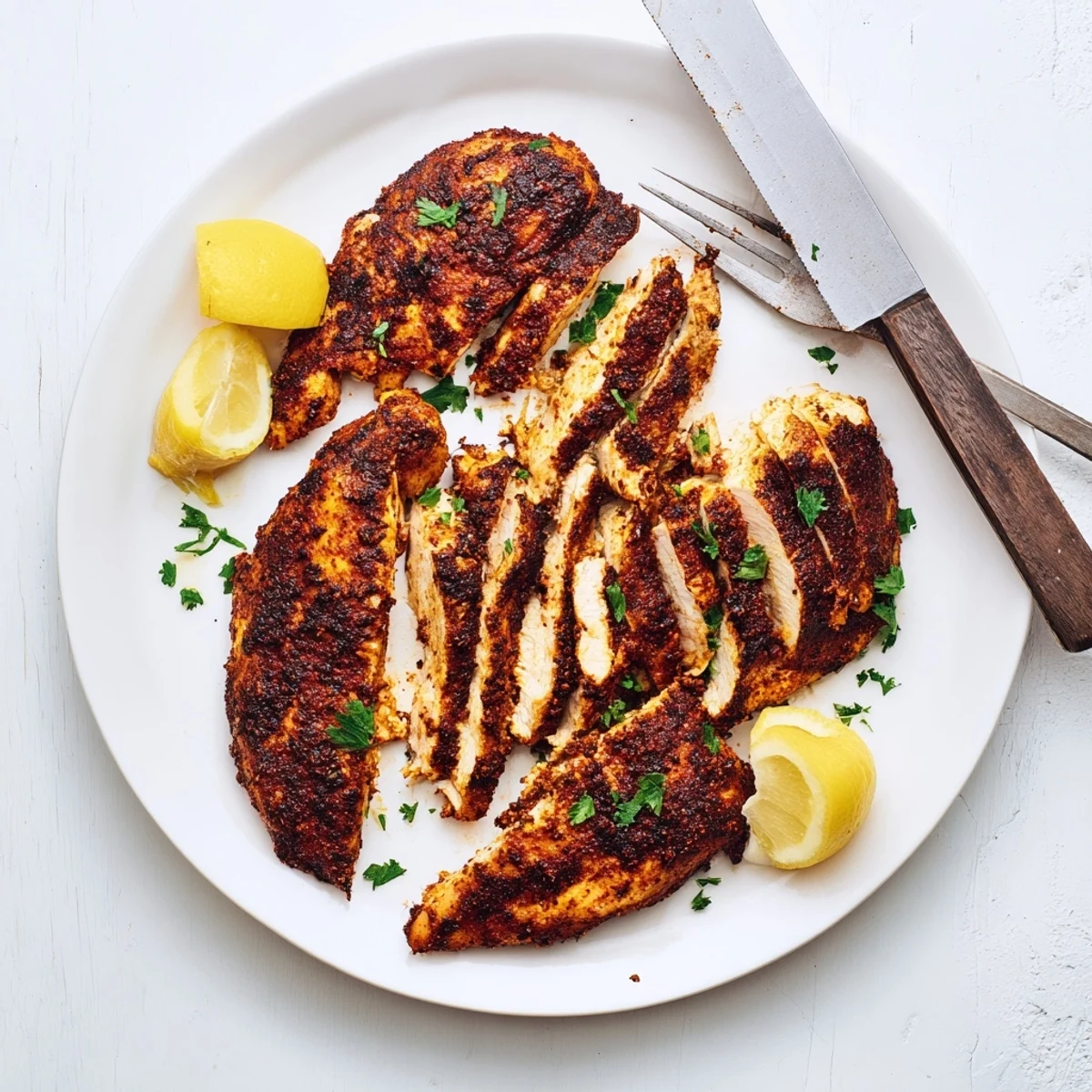 Sliced blackened chicken revealing juicy interior served with fresh lemon wedges and parsley garnish