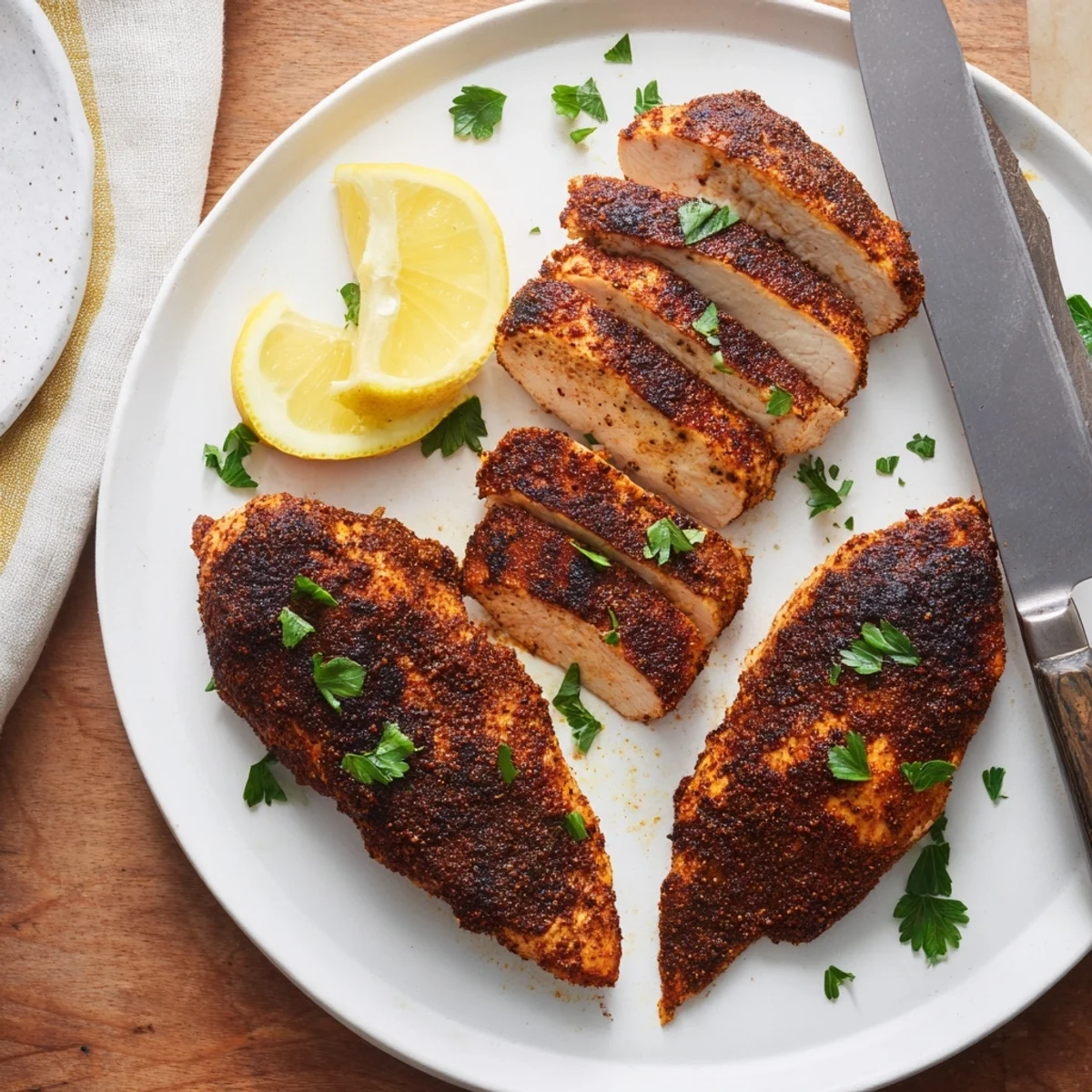 Golden brown blackened chicken breasts with a dark spicy crust resting on a white plate