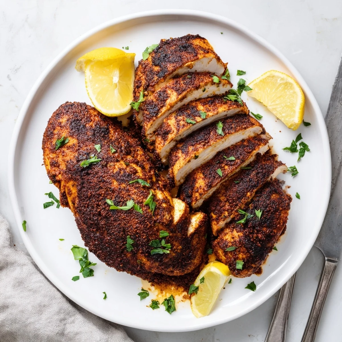 Cast iron skillet filled with perfectly seasoned blackened chicken cooking over high heat