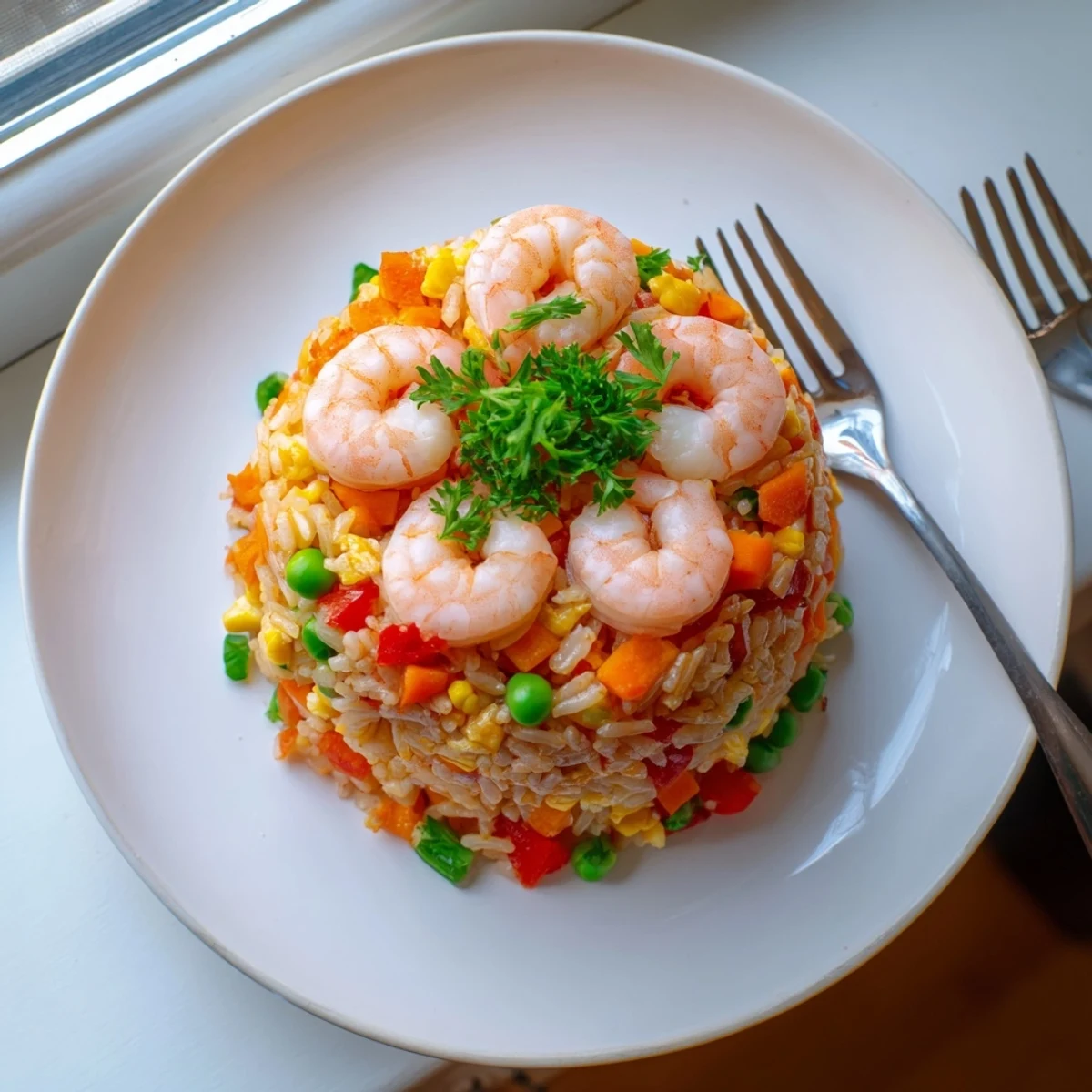 Golden garlic prawns arranged over colorful sweet chilli fried rice with diced vegetables and spring onions