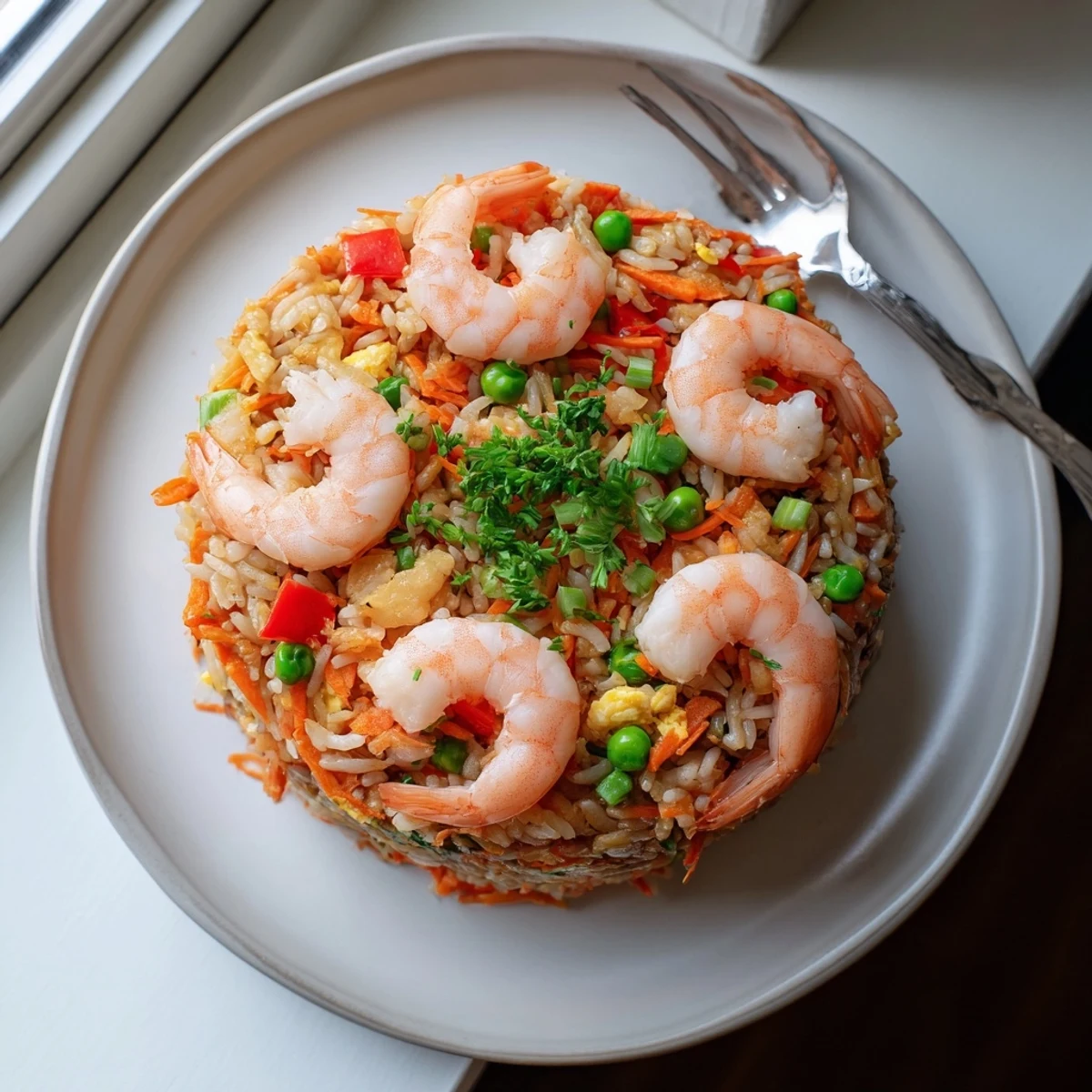 Vibrant Asian fusion bowl featuring juicy prawns atop sweet chilli fried rice with red bell peppers and peas