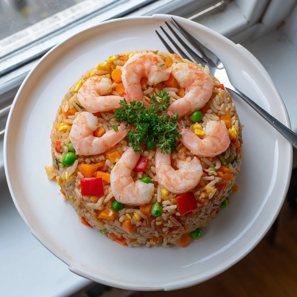 Plated garlic prawns and sweet chilli fried rice garnished with fresh parsley and colorful vegetable chunks