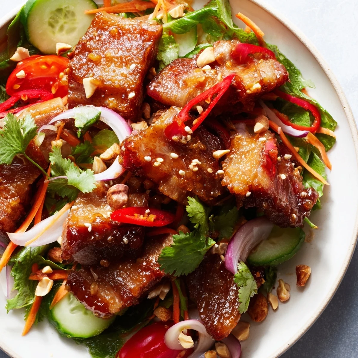 Golden crispy pork belly pieces coated in tangy sweet and sour glaze over fresh mixed greens