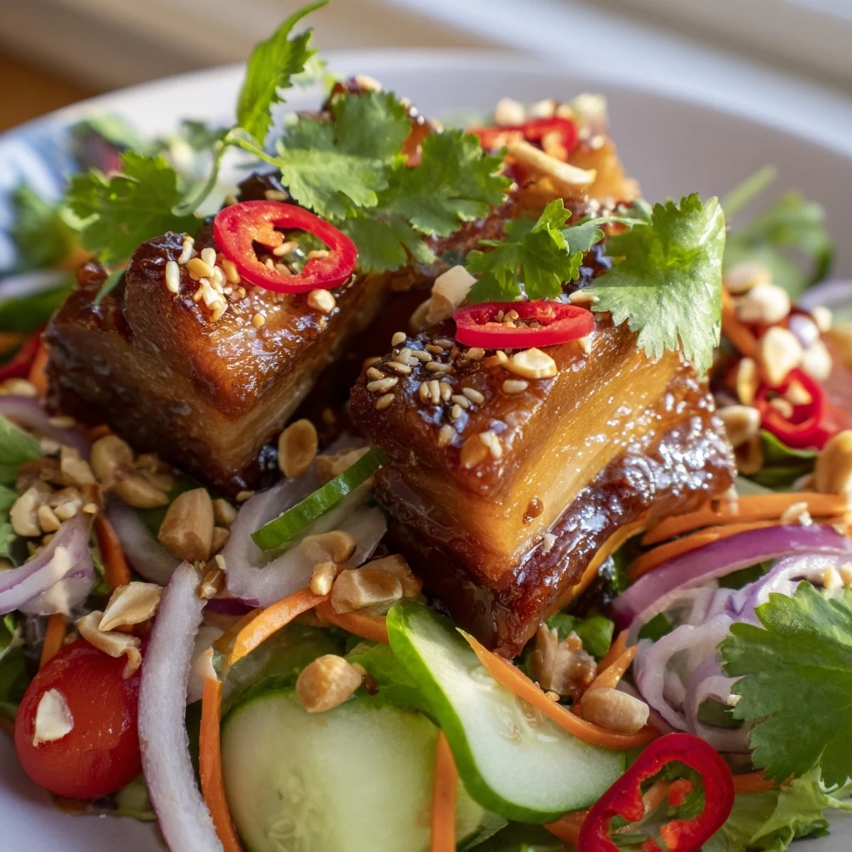 Bite-sized crispy pork belly tossed in glossy sweet and sour sauce atop a bed of crisp vegetables