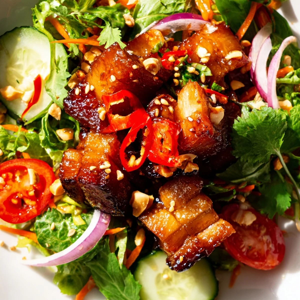 Vibrant Asian fusion salad featuring crunchy glazed pork belly with colorful vegetables and roasted peanuts