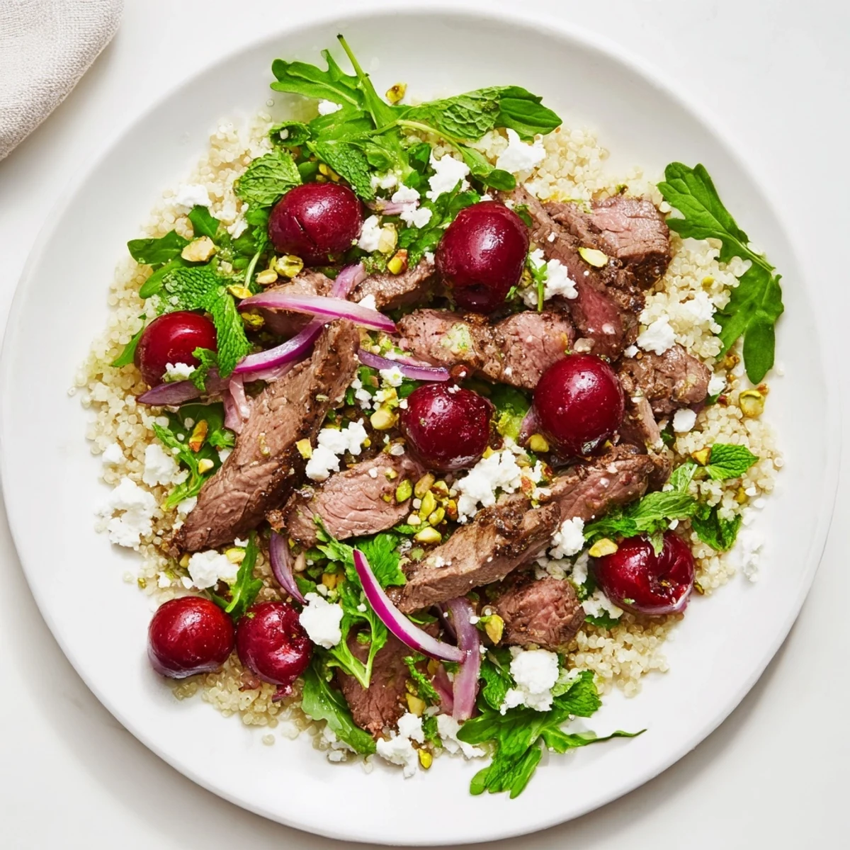 Protein-rich cherry quinoa salad with lamb showcasing halved cherries, peppery arugula, and savory seasoned lamb in a rustic bowl