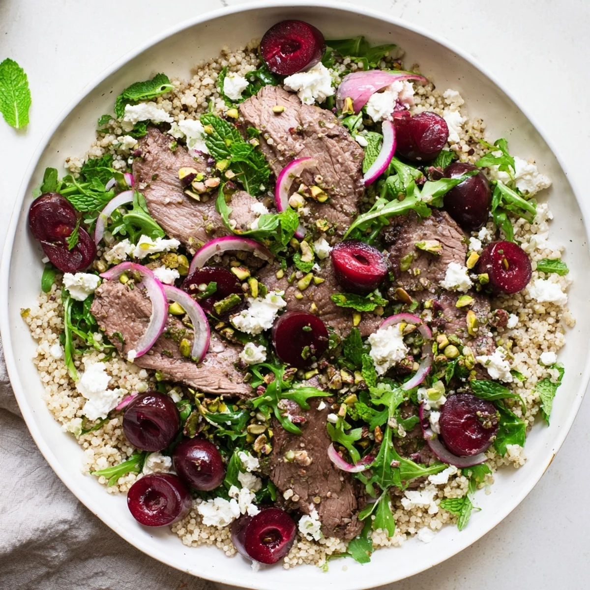 Mediterranean-inspired cherry quinoa salad plated with grilled lamb strips, crumbled feta, toasted nuts, and vibrant herb dressing