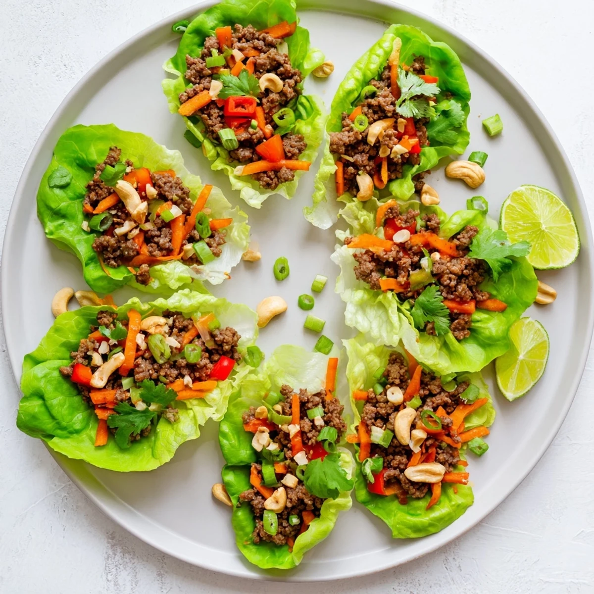 Fresh lettuce wraps piled high with savory beef mixture topped with chopped cashews and cilantro