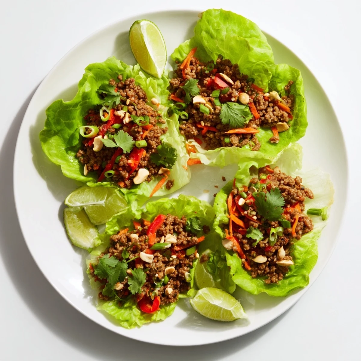 Platter of Asian-inspired beef and cashew lettuce cups garnished with lime wedges and spring onions