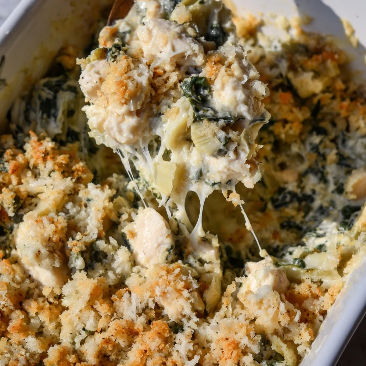 Golden-baked high protein spinach and artichoke chicken casserole with melted cheese topping