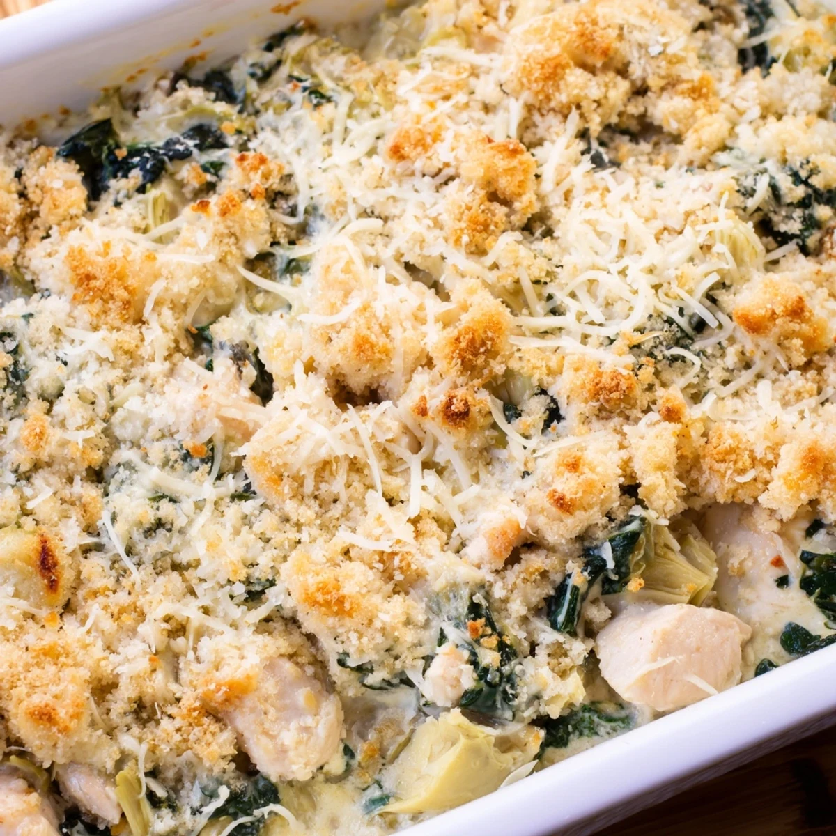 Bubbling high protein spinach and artichoke chicken casserole garnished with fresh herbs