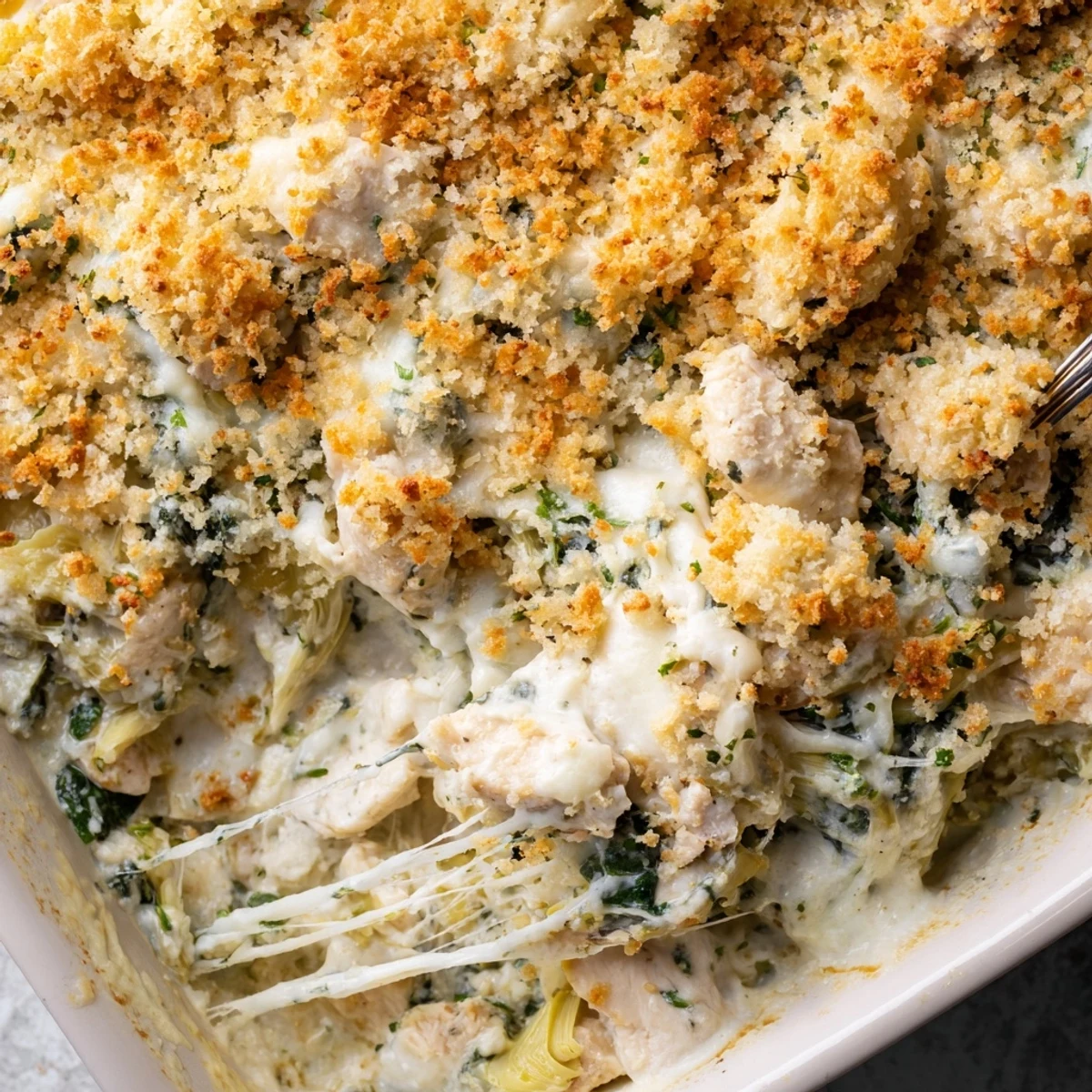 Creamy high protein spinach and artichoke chicken casserole fresh from the oven