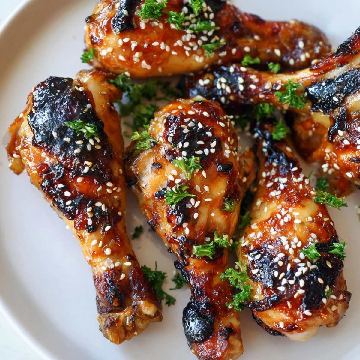 Tender baked chicken drumsticks brushed with savory honey garlic sauce and finished with fresh green onions