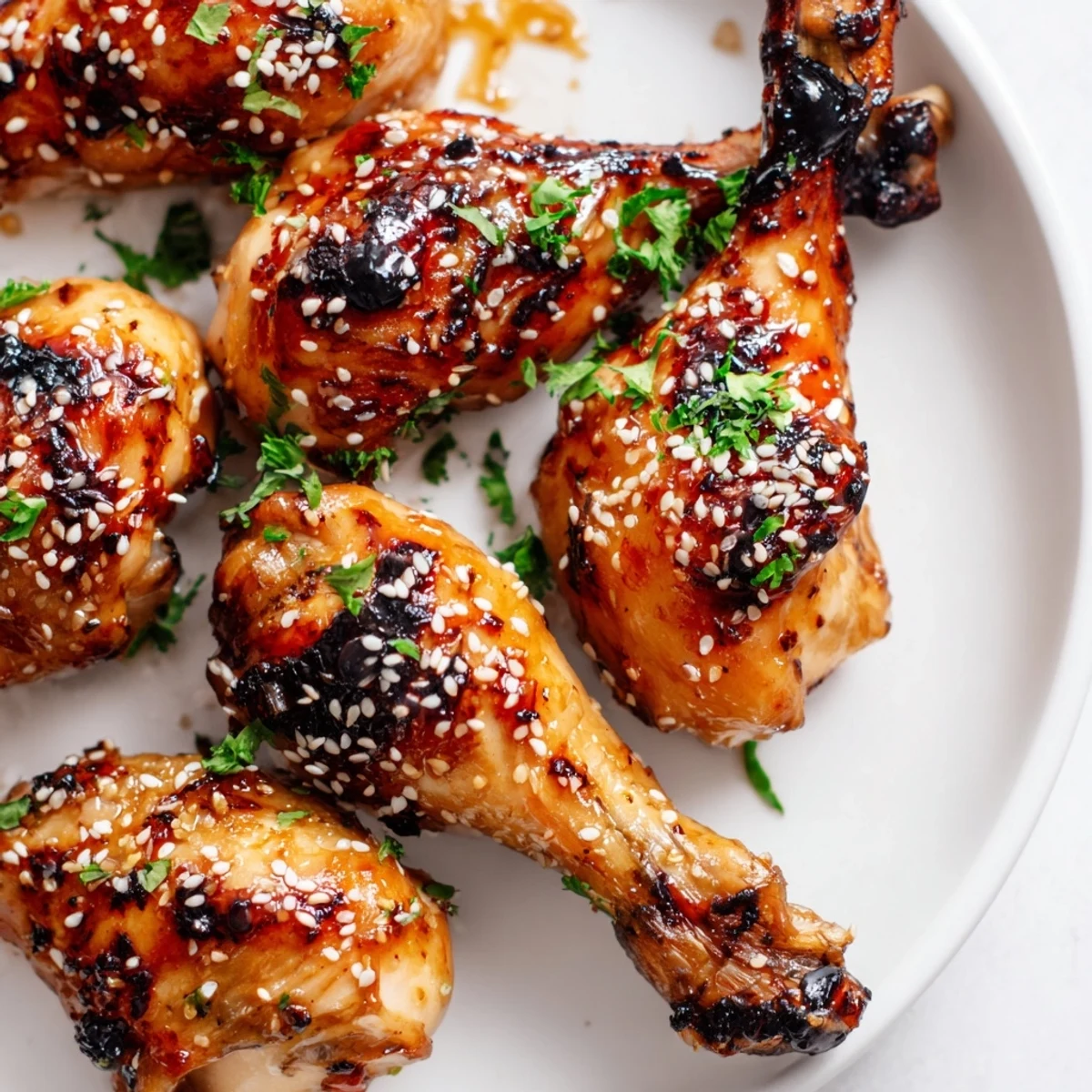 Oven-baked honey garlic chicken drumsticks arranged on serving platter with glistening sweet and savory glaze