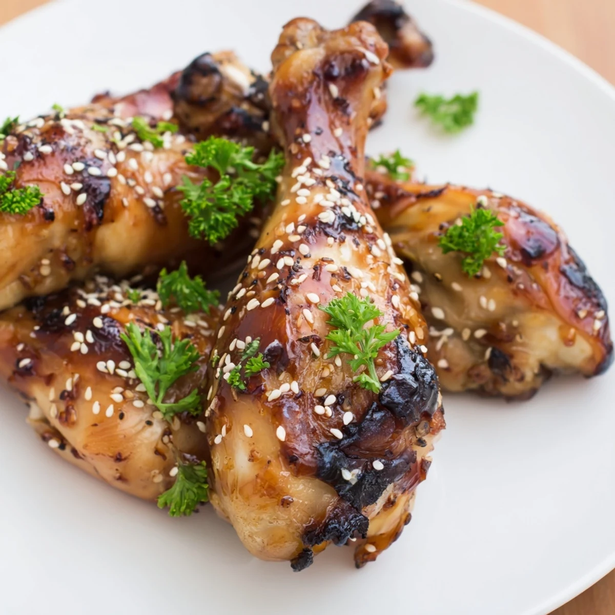 Golden honey garlic baked chicken drumsticks coated in sticky caramelized glaze with sesame seed garnish