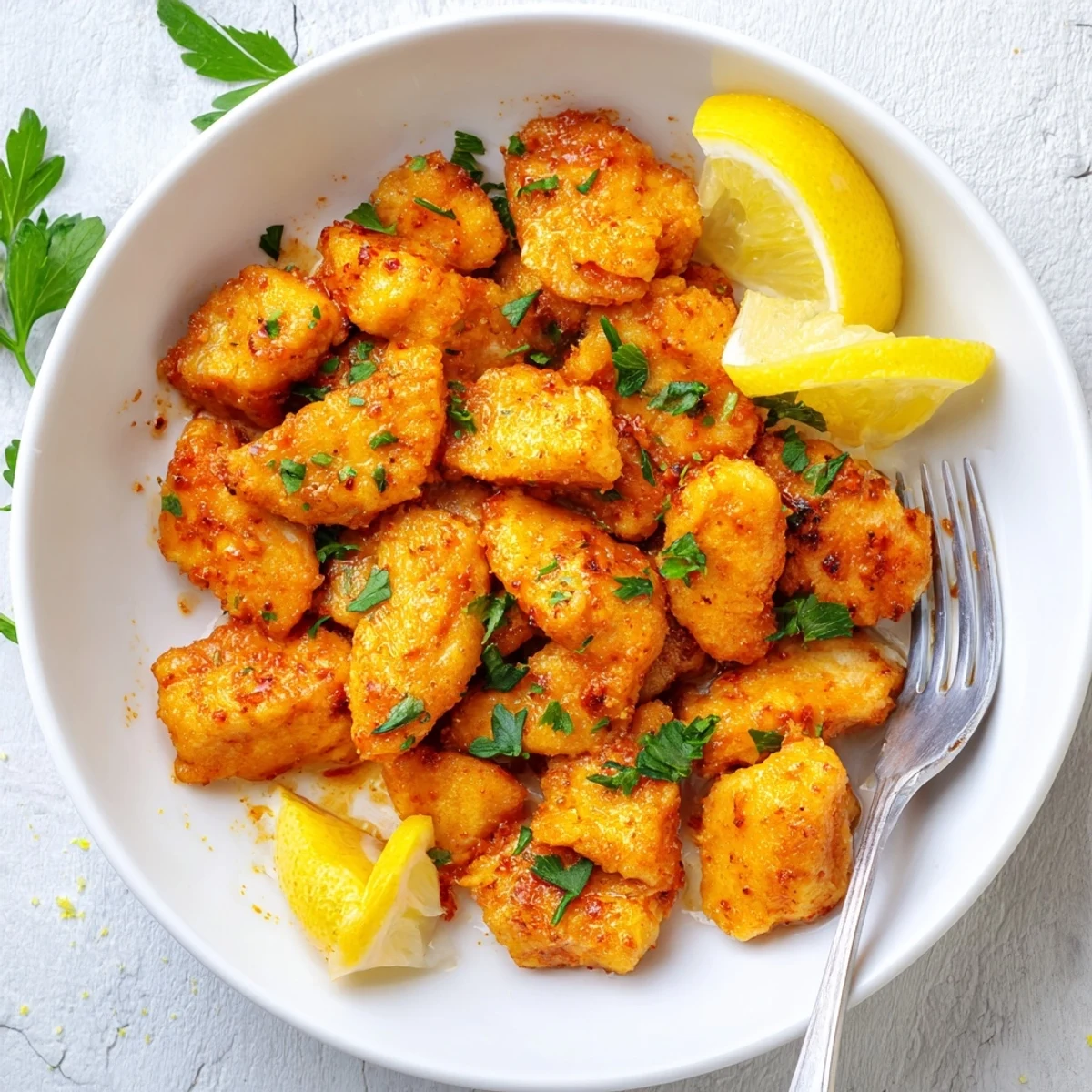 Golden air fryer lemon chicken bites garnished with fresh parsley and lemon wedges on a white serving plate