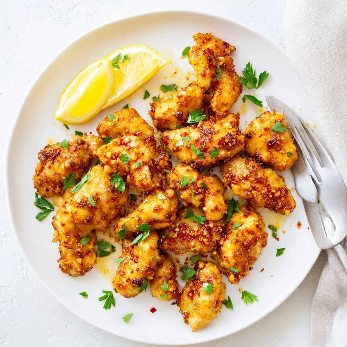 Crispy lemon herb chicken bites arranged in a single layer with fresh parsley sprinkle
