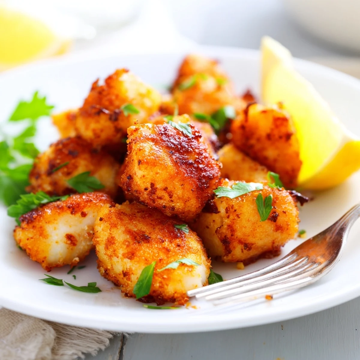 Tender marinated chicken pieces air fried to golden perfection with citrus garnish on serving dish