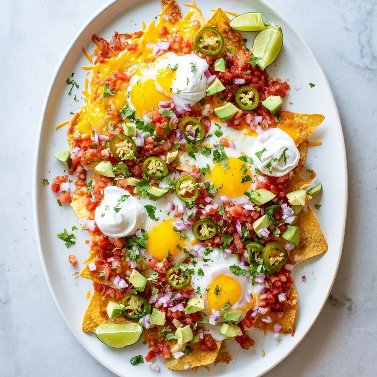 Golden fried eggs resting atop crispy Mexican egg nachos with melted cheese and fresh toppings