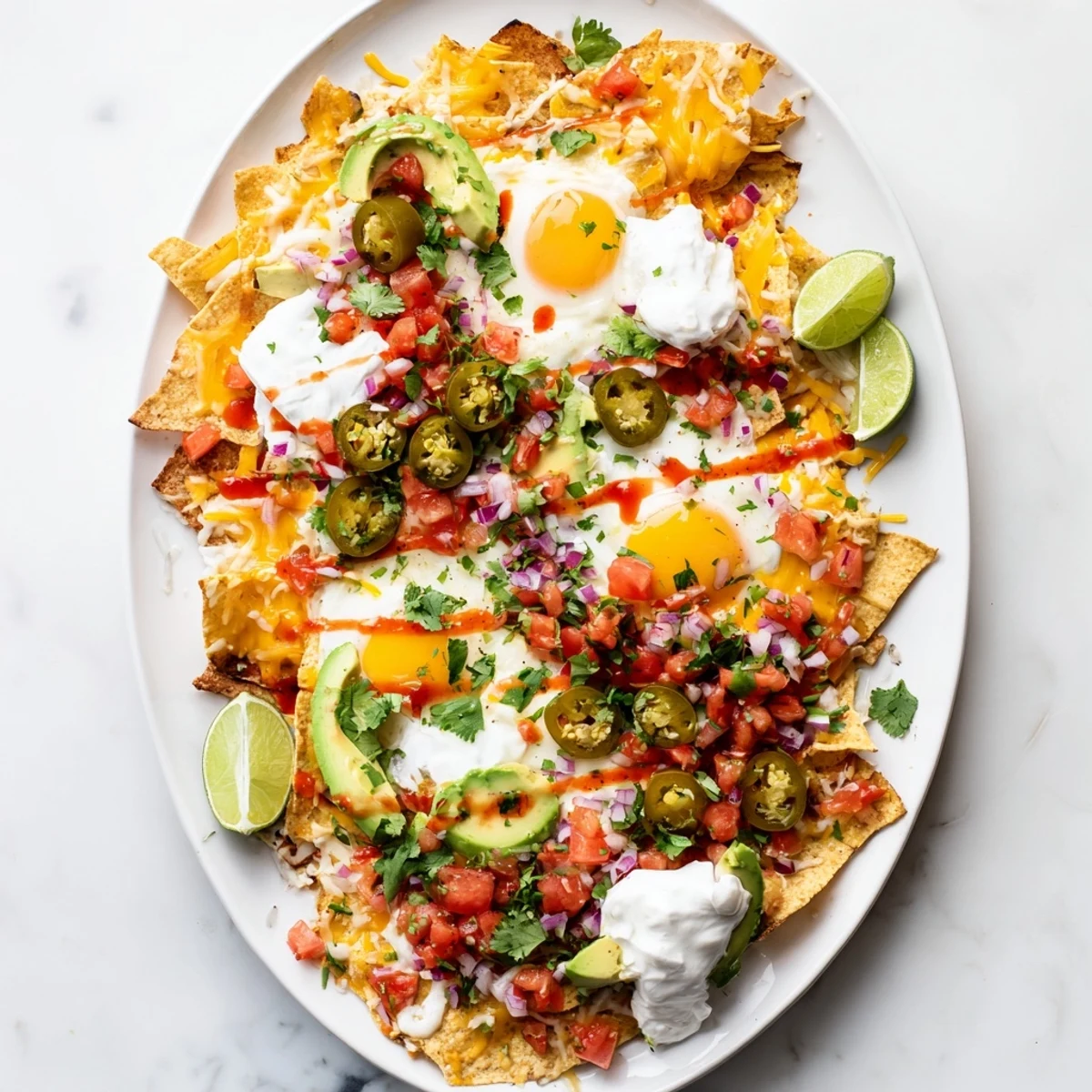 Colorful breakfast platter featuring Mexican egg nachos loaded with avocado, salsa, and sour cream