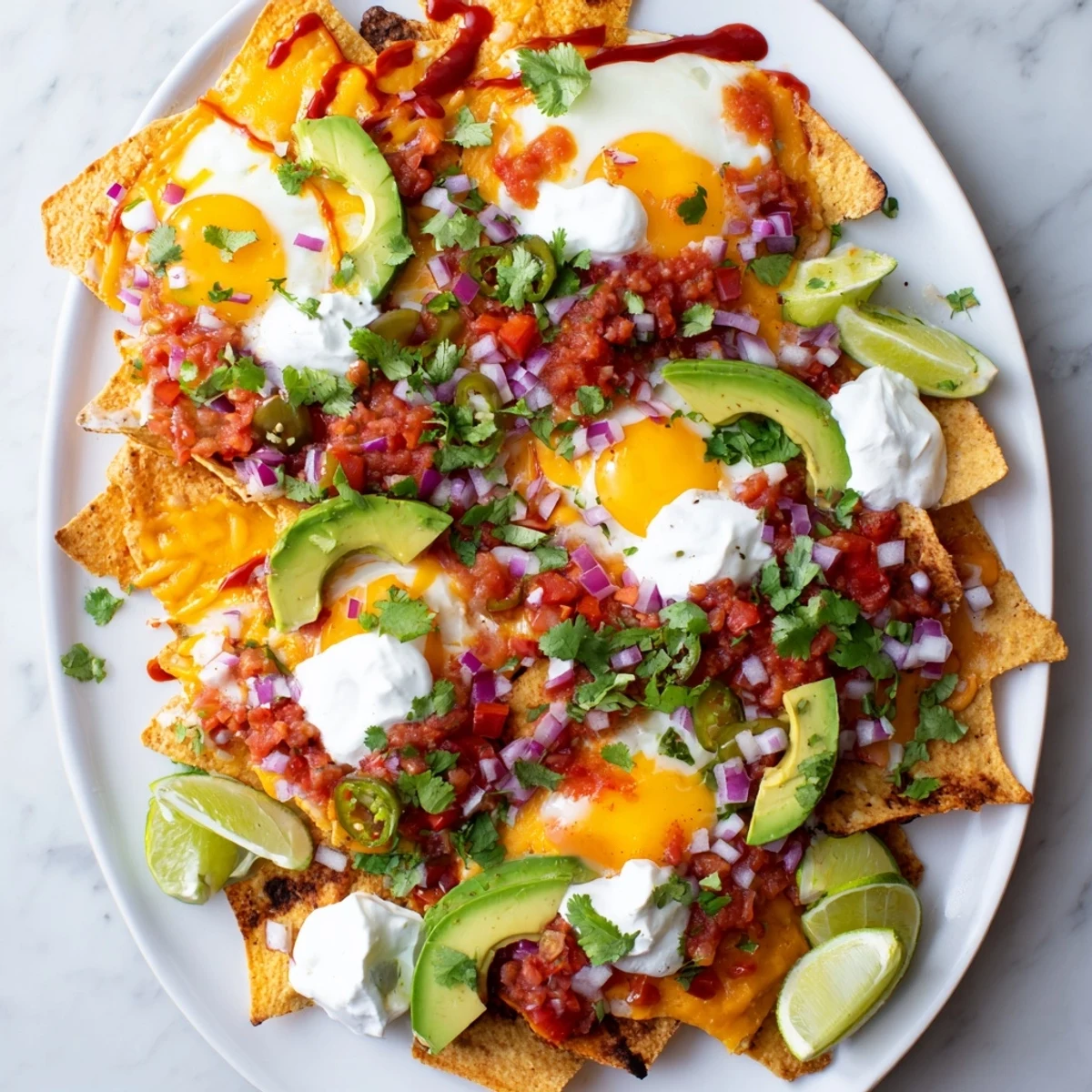 Sunny side up eggs crowning a mountain of Mexican egg nachos with jalapeños and cilantro