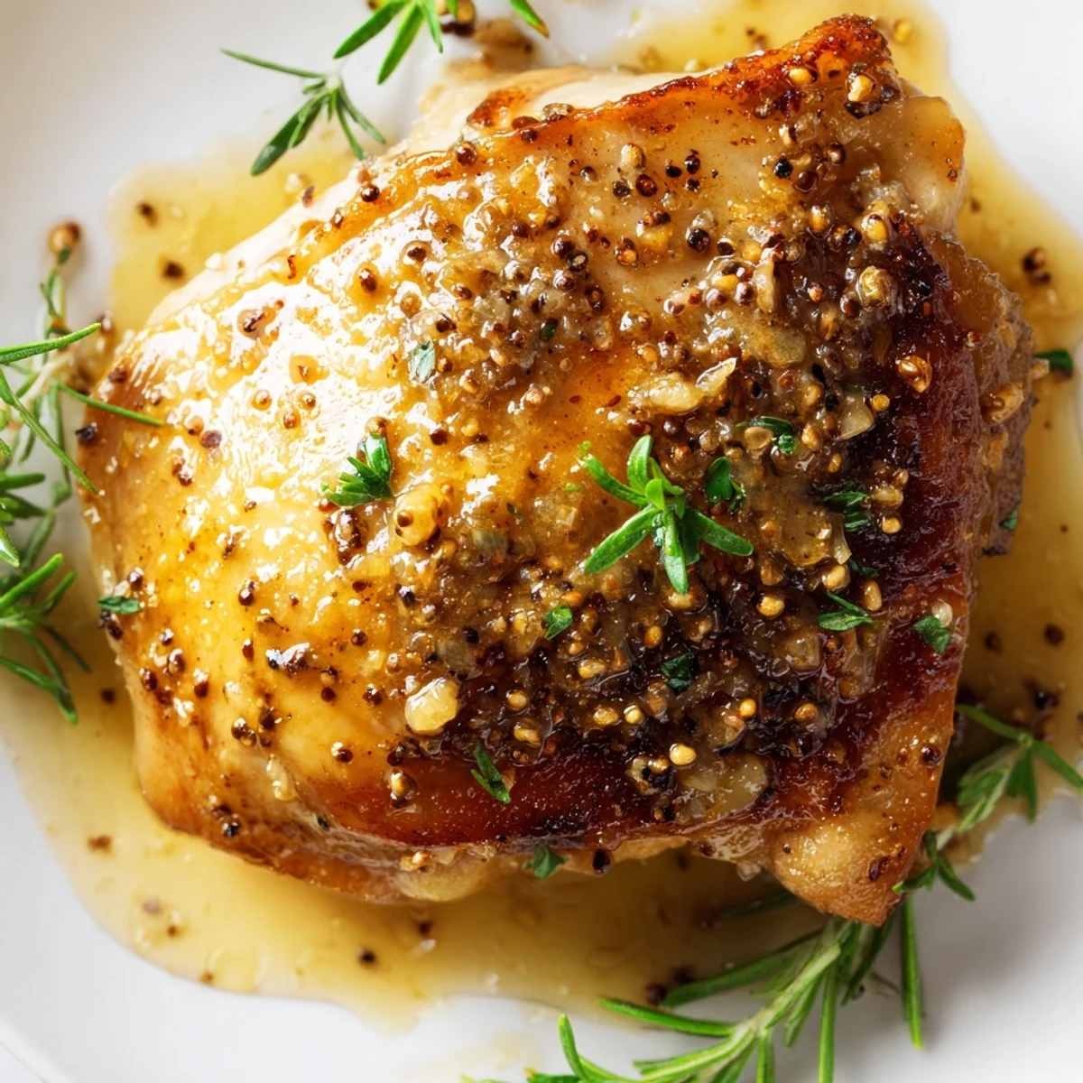 Golden glazed baked honey mustard chicken thighs with caramelized skin and fresh parsley garnish on a white serving plate