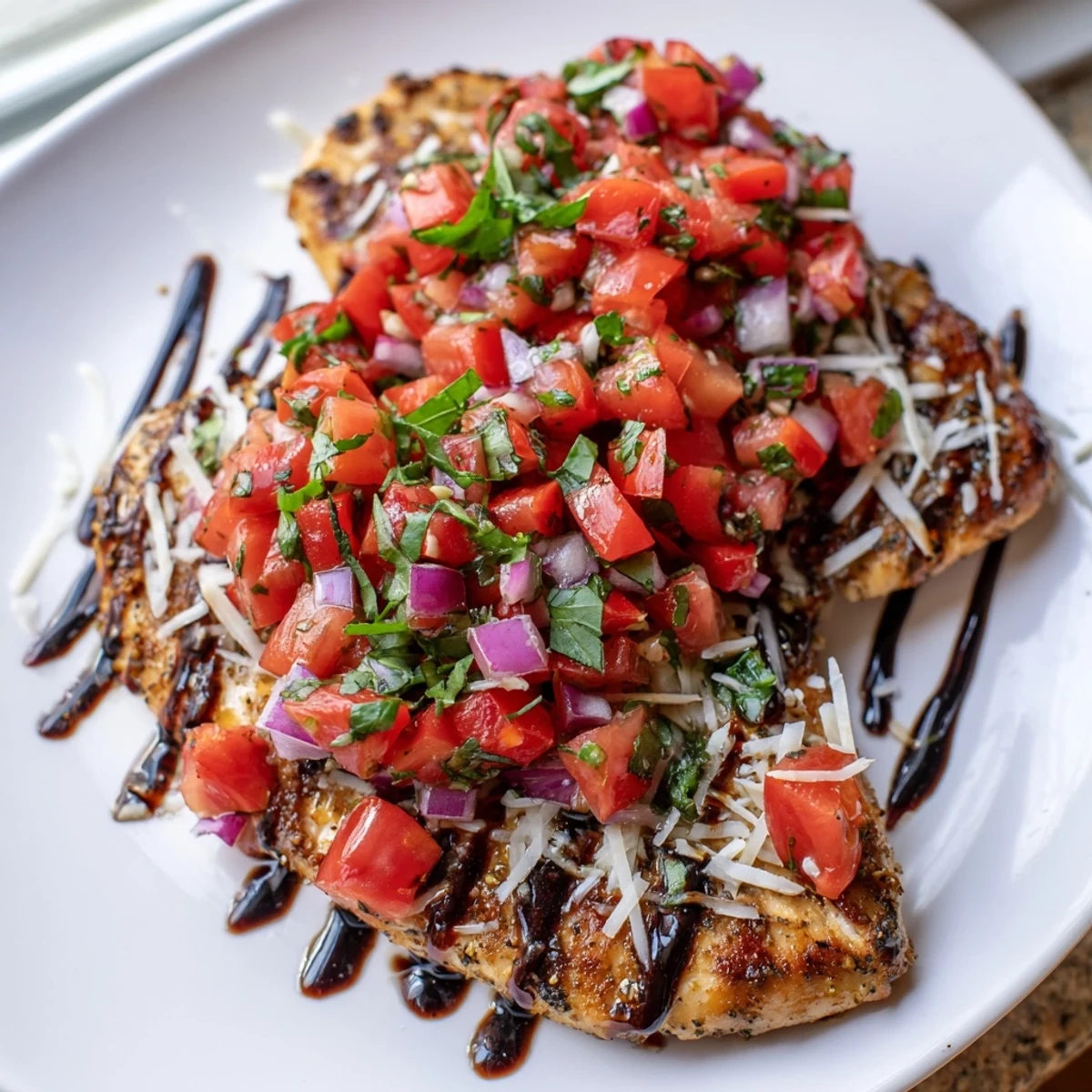 Baked bruschetta chicken with juicy diced tomatoes, red onion, and melted mozzarella on a white plate