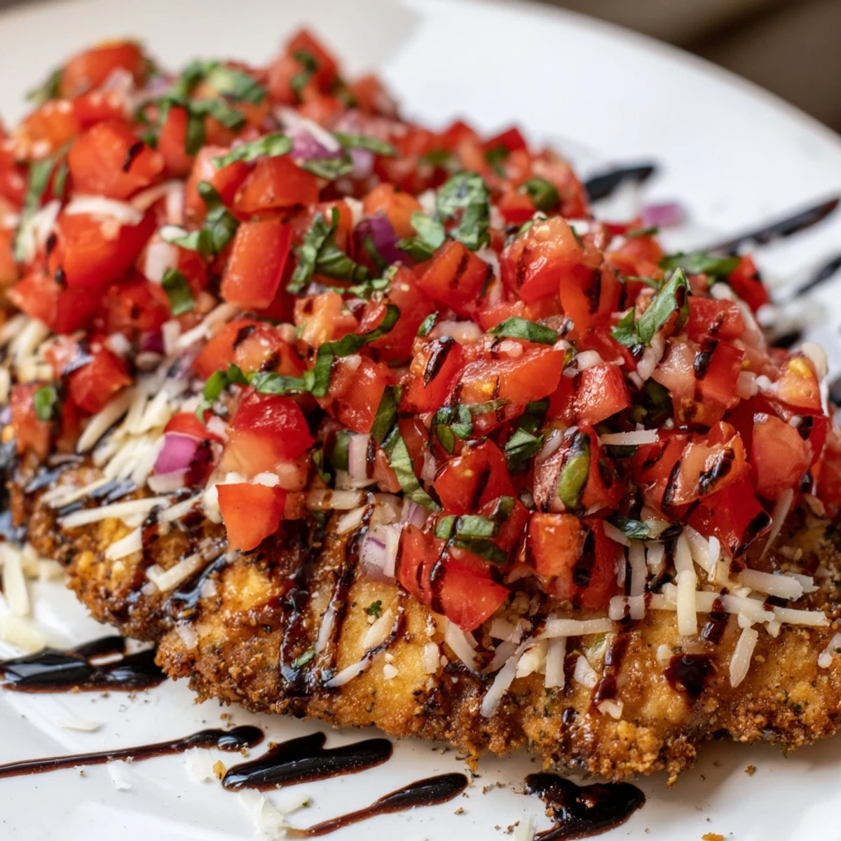 Golden seared chicken breasts topped with fresh tomato basil bruschetta and drizzled with balsamic glaze