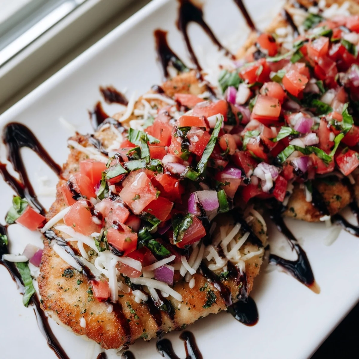 Italian-style bruschetta chicken featuring seasoned poultry crowned with vibrant tomato mixture and sweet balsamic swirls