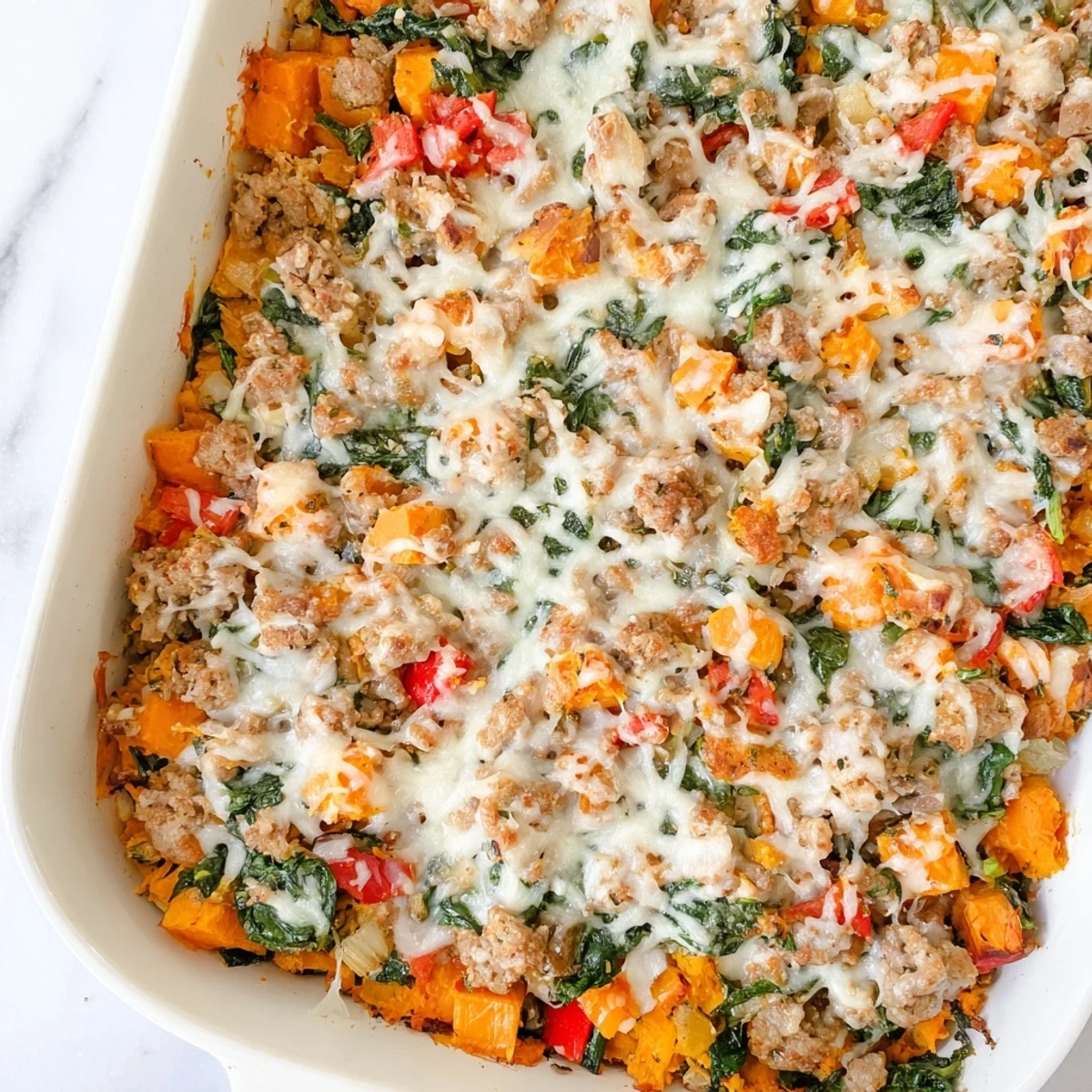 Golden brown ground turkey sweet potato bake casserole topped with melted mozzarella and Parmesan cheese