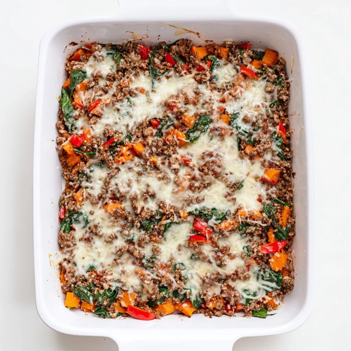 Savory ground turkey sweet potato bake casserole fresh from the oven with golden cheese topping