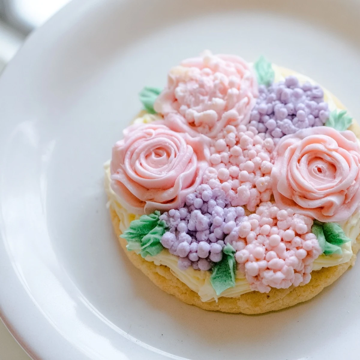 Golden sugar cookies topped with colorful piped buttercream flowers in pink, yellow, and purple