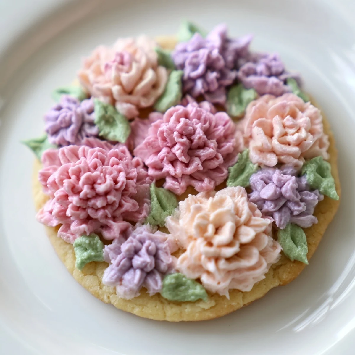 Decorated buttercream flower cookies arranged on a white serving plate for spring celebrations