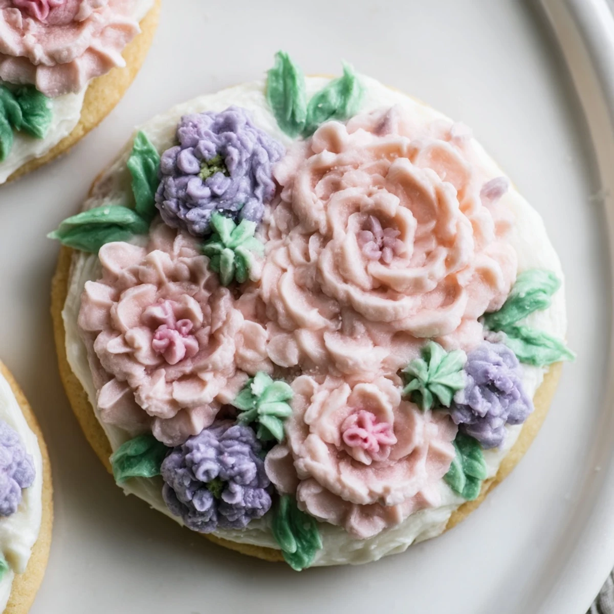 Close-up of homemade buttercream flower cookies featuring intricate piped rosettes and green leaves