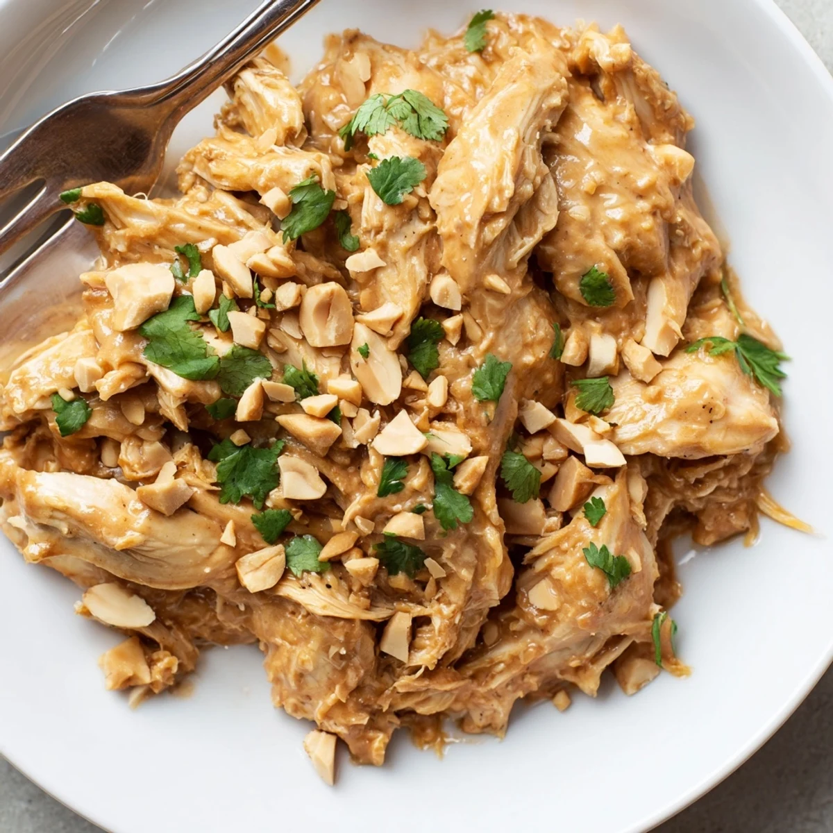 Slow cooker peanut chicken featuring tender shredded thighs coated in creamy rich peanut sauce over fluffy white jasmine rice