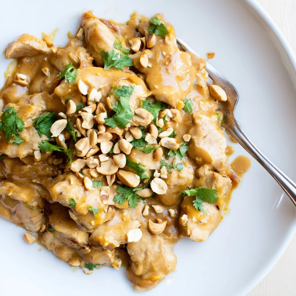 Golden chicken thighs slow-cooked in savory peanut butter sauce with fresh cilantro garnish and crushed roasted peanuts