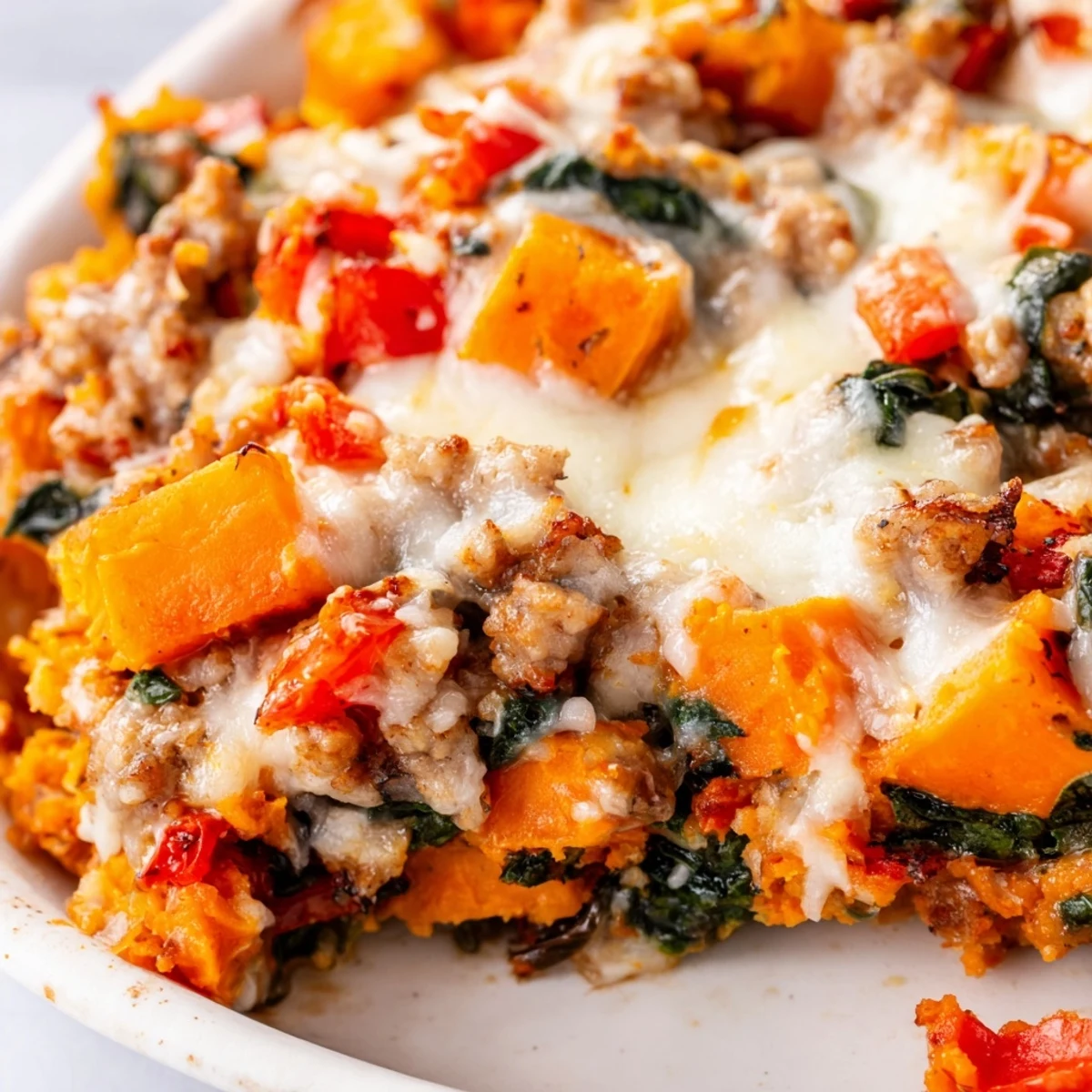 Golden cheesy ground turkey sweet potato bake casserole fresh from the oven