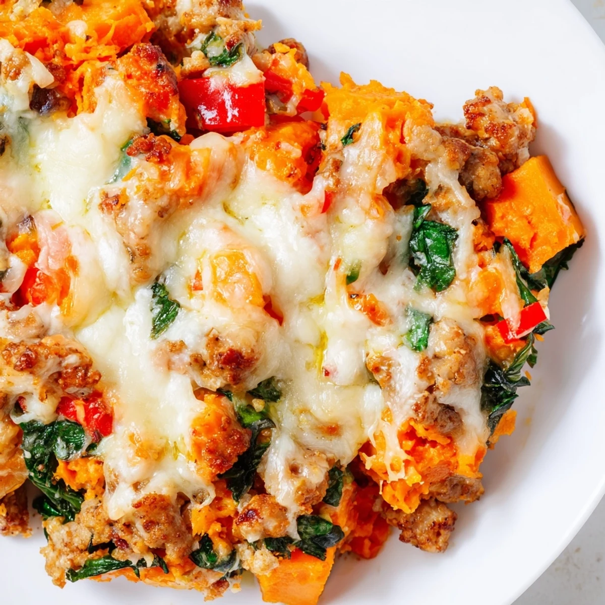 Sliced scoop of ground turkey sweet potato bake casserole topped with Parmesan cheese