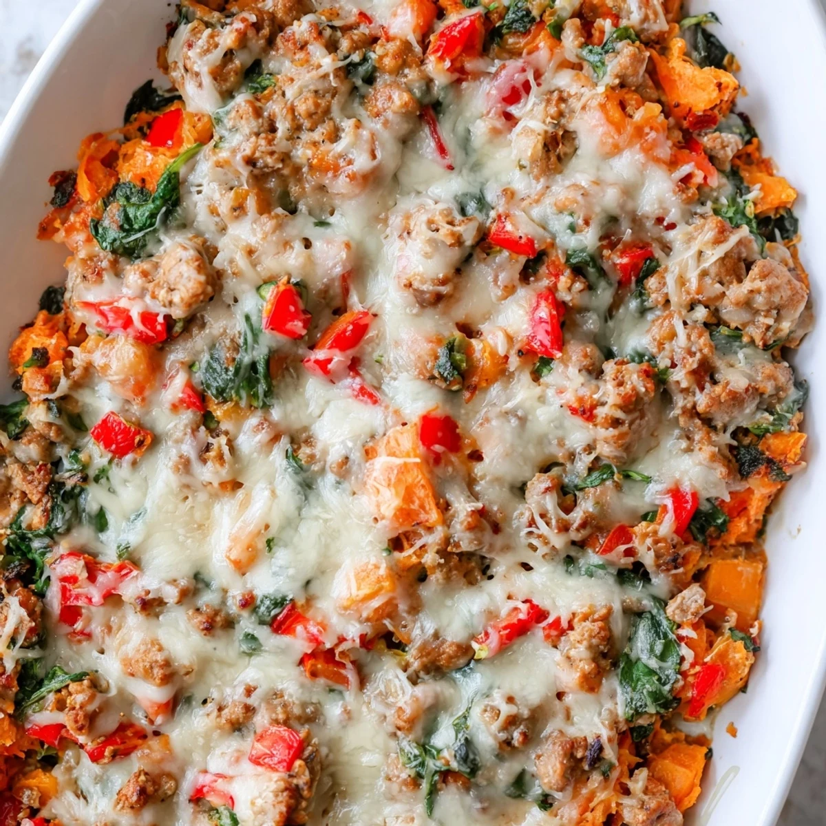 Hearty ground turkey sweet potato bake with melted mozzarella and colorful vegetables