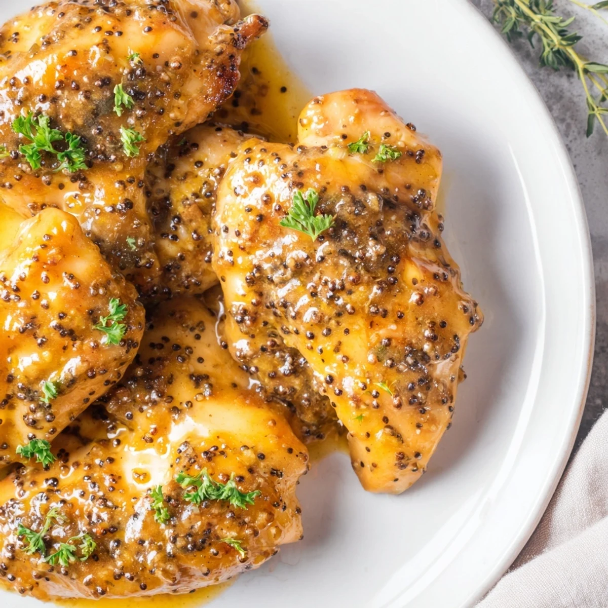 Golden oven baked honey mustard chicken breasts glazed in caramelized honey mustard sauce