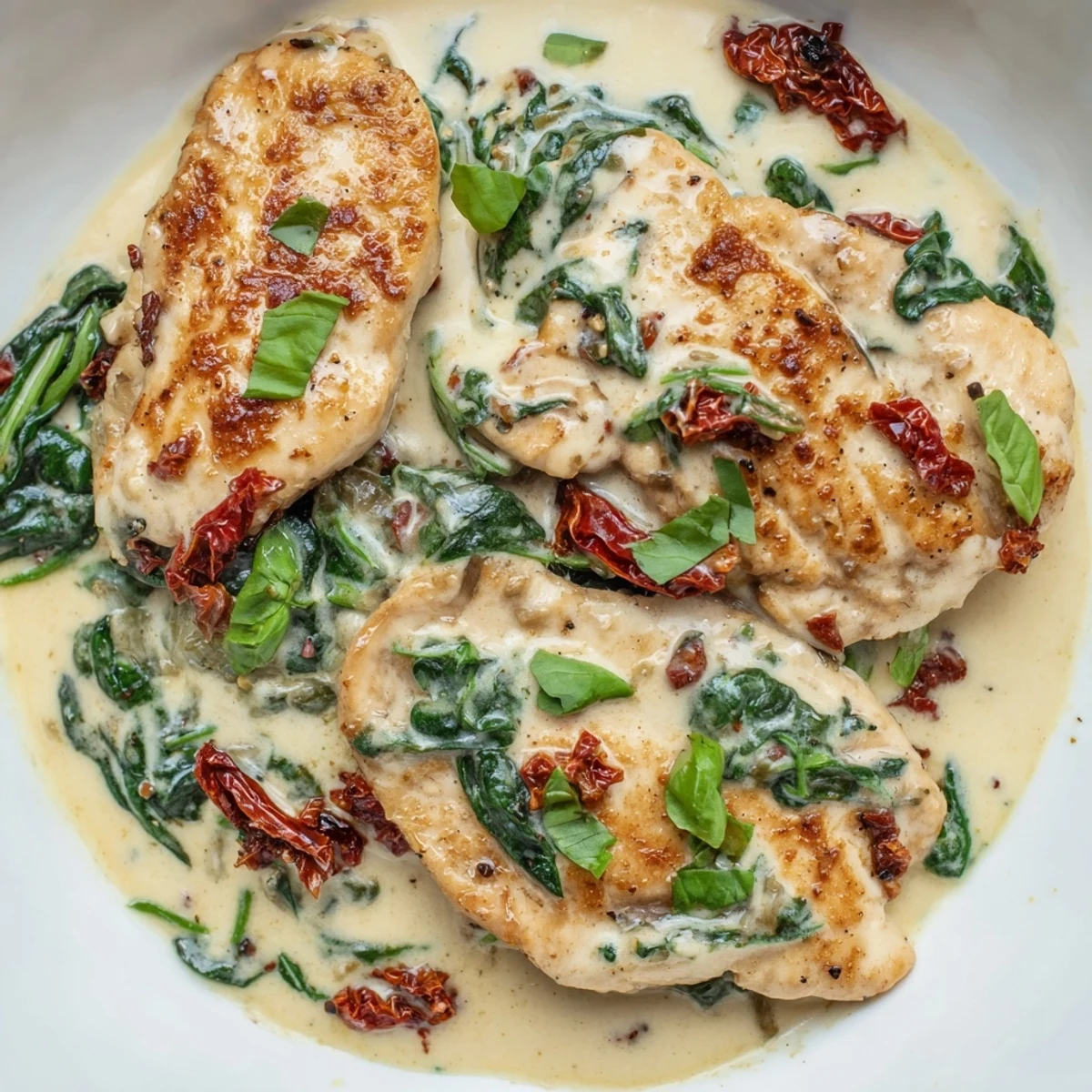Golden pan-seared chicken breasts coated in rich low carb creamy Tuscan sauce