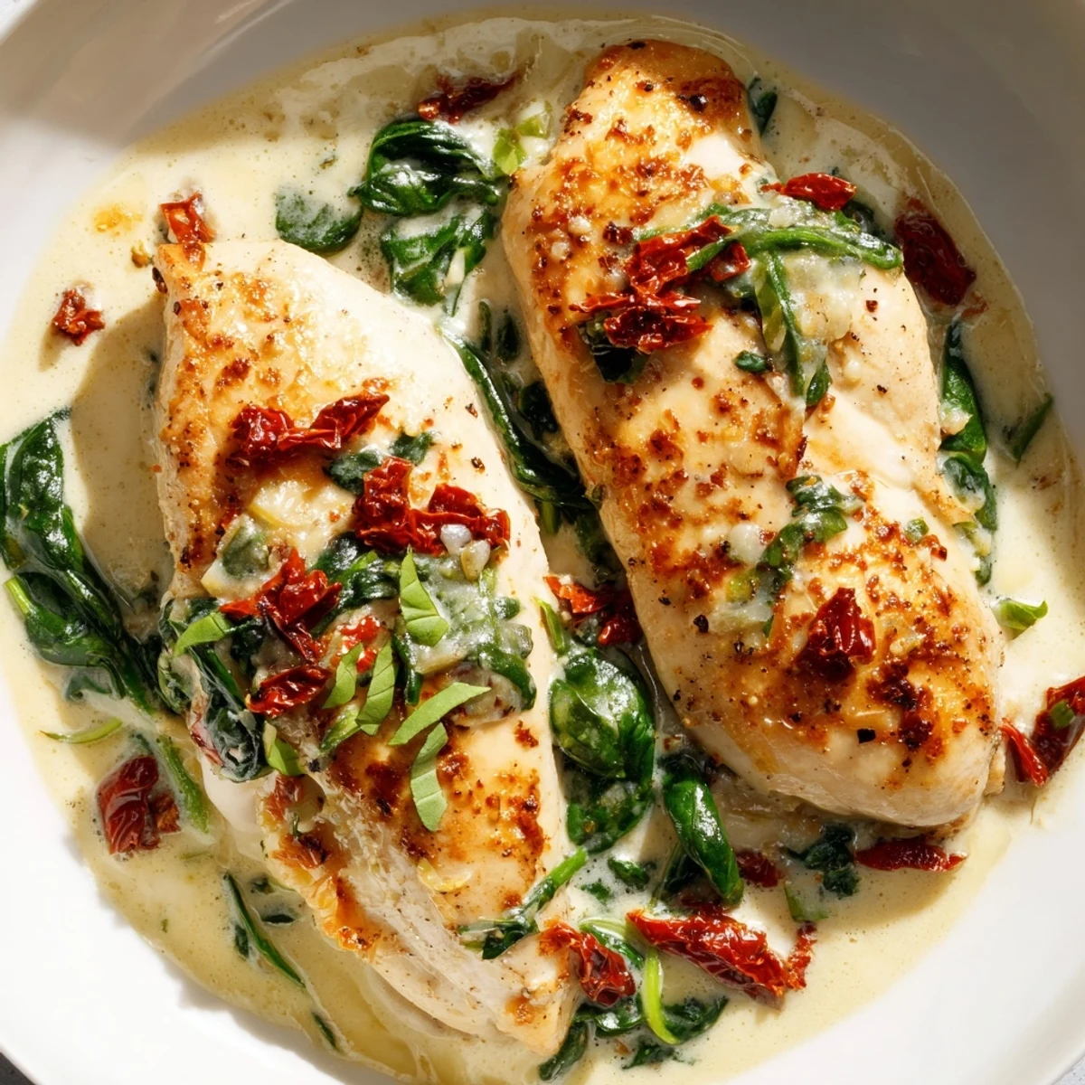 Savory low carb creamy Tuscan chicken garnished with fresh basil and parmesan cheese