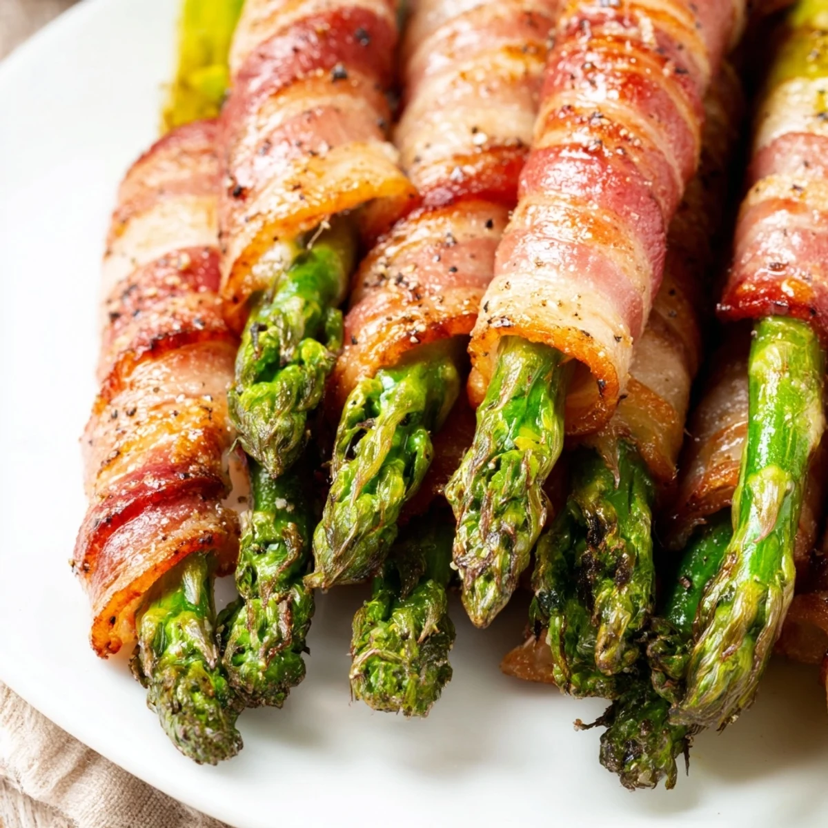 Crispy bacon wrapped asparagus bundles roasted until golden on a white baking sheet